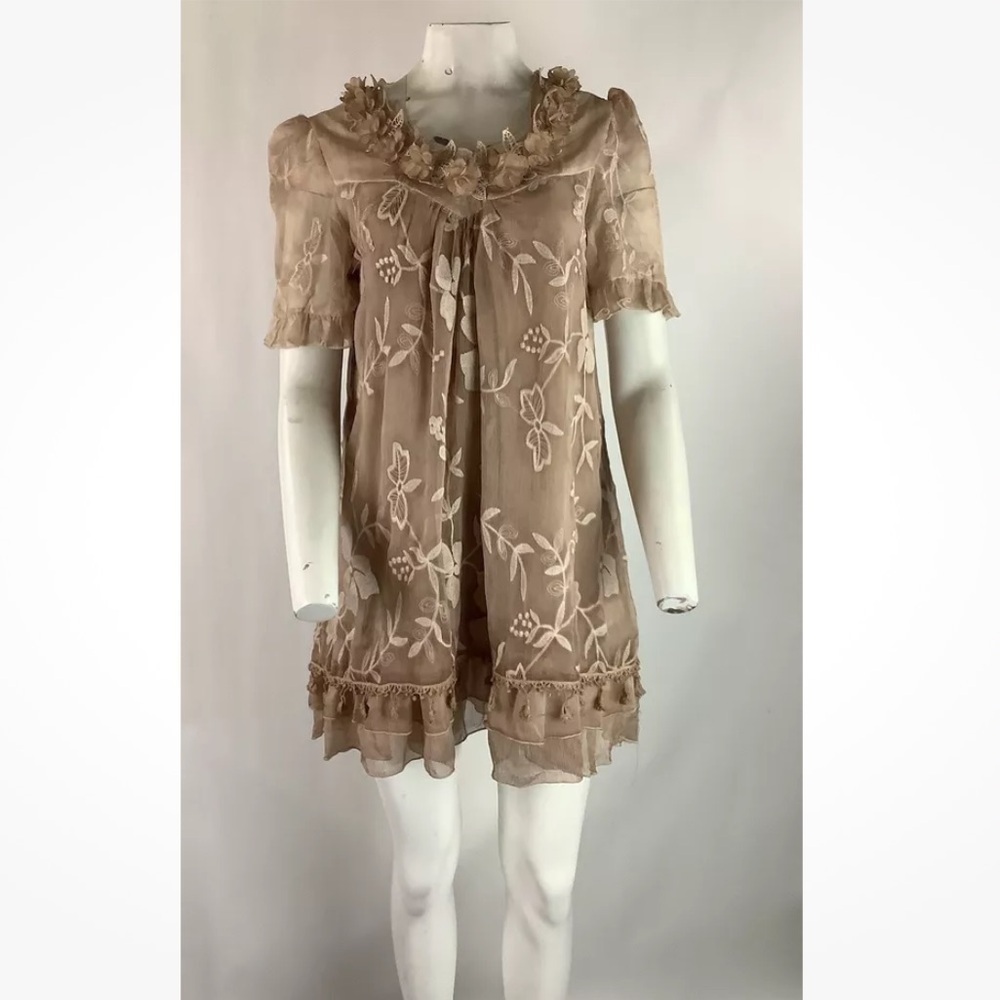 Pretty Angel Sz S Chiffon Babydoll Embroidered Floral Dress Brown Silk Blend - Picture 2 of 7